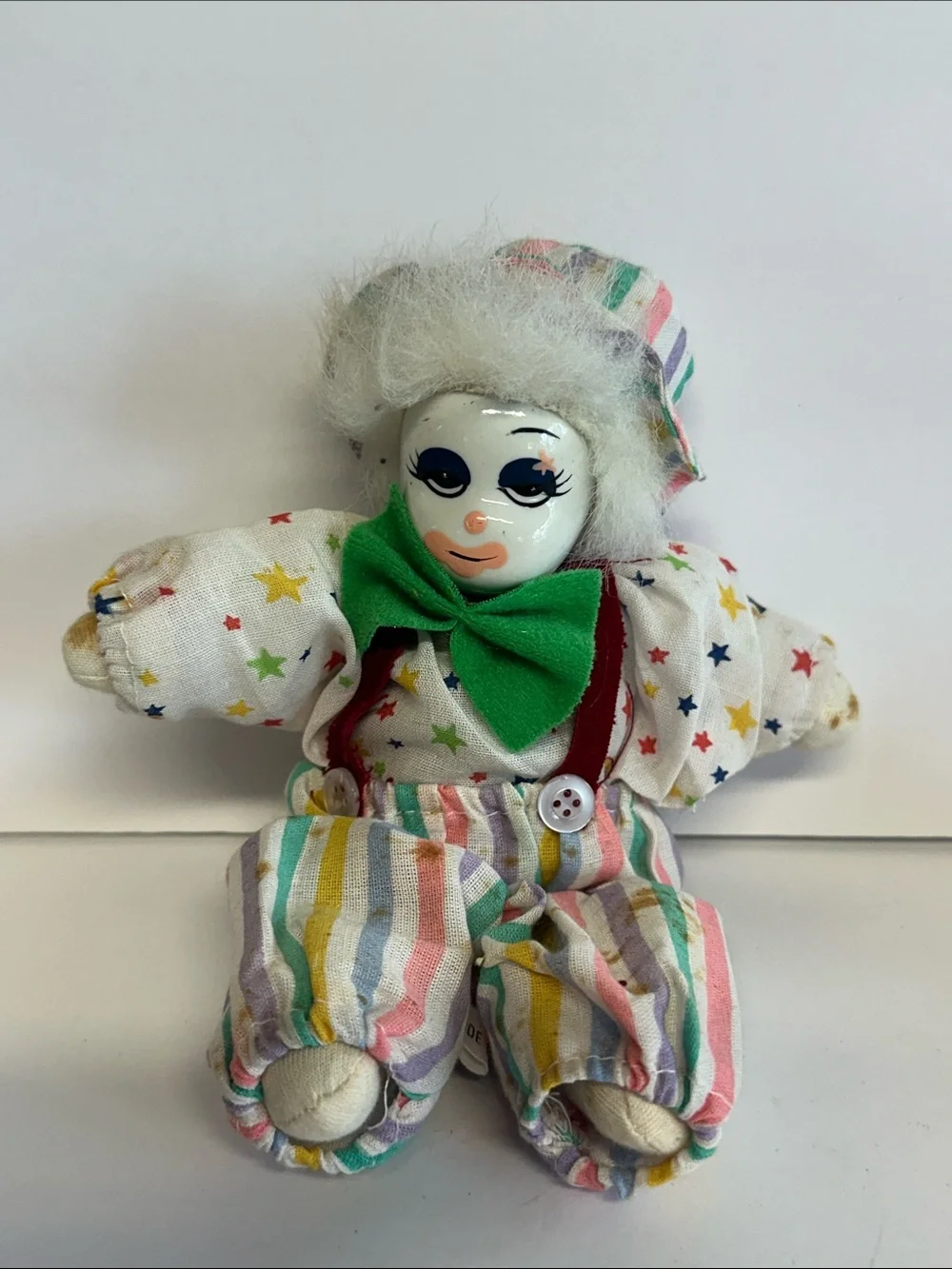 Classic Star-Print Clown Doll | White Face with Multicolor Outfit
